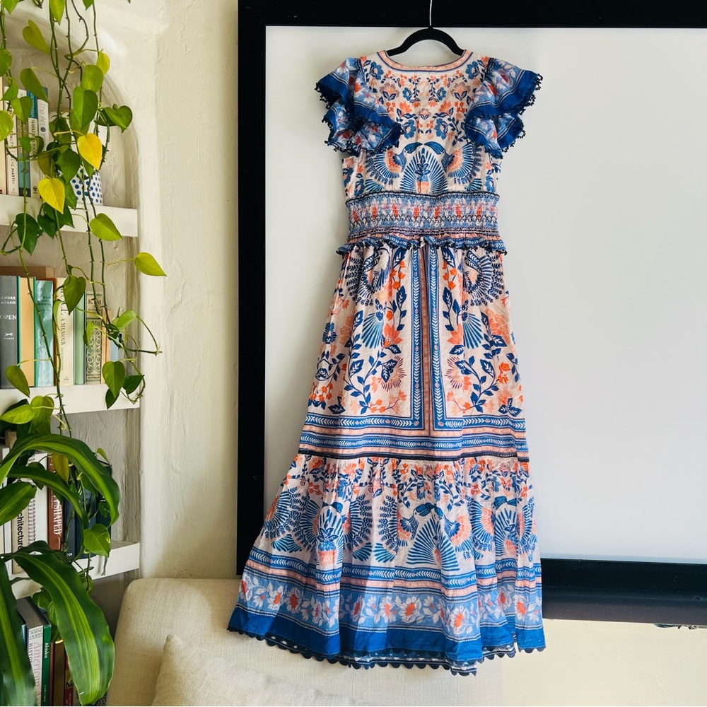 FARM Rio x Anthropologie V-Neck Maxi Dress Size Small NWT Blue Orange Bird Print - Picture 7 of 13